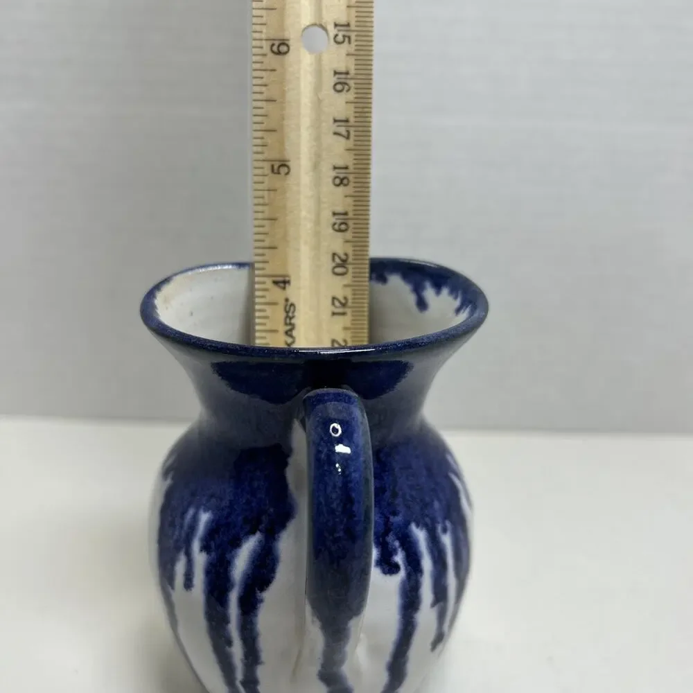 Vtg Holly Hill Pottery Seagrove NC Cream Pitcher Blue Drip Glaze Over White ARB